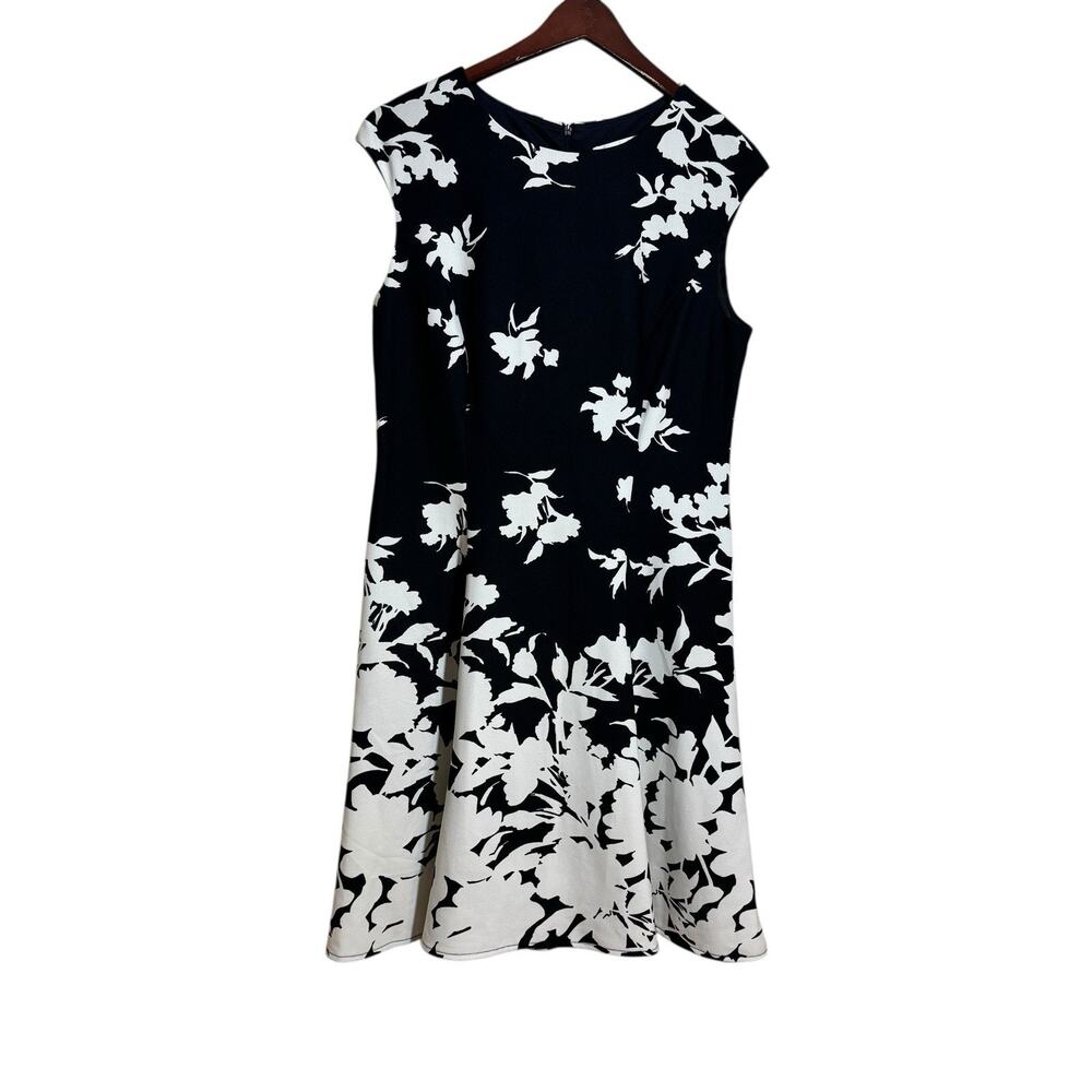 London Times Black White Floral Stretch Fit Flare Plus Size 14 Dress Classic